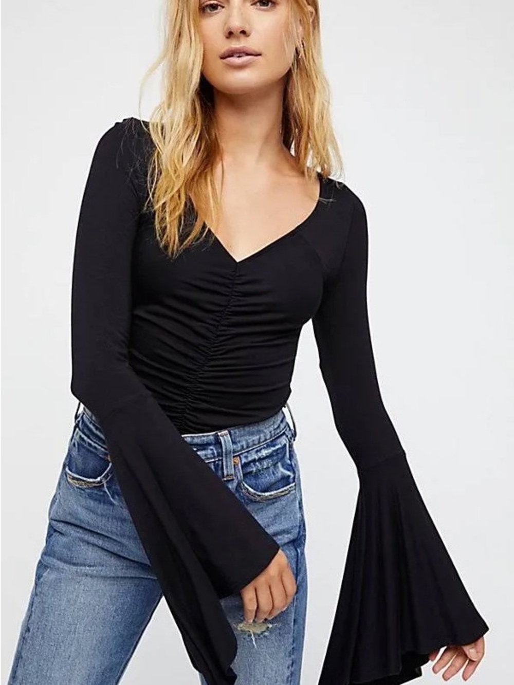 Free People Black Ruched V-Neck Long Sleeve Bell Top